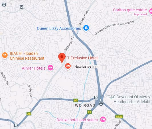 A map showing the location of T Exclusive Inn, Ibadan, Nigeria
